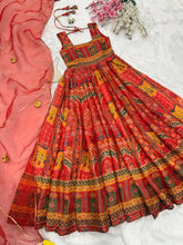 Red digital printed silk anarkali gown