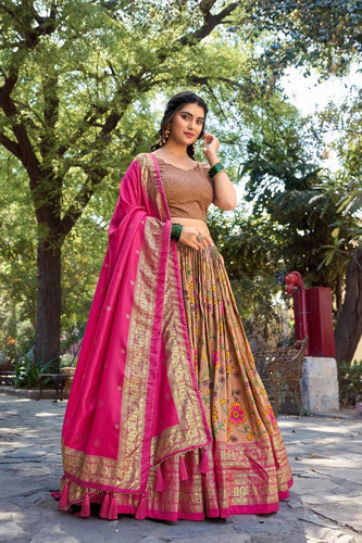 Tussar silk floral kalamkari print Lehenga in mustard and pink
