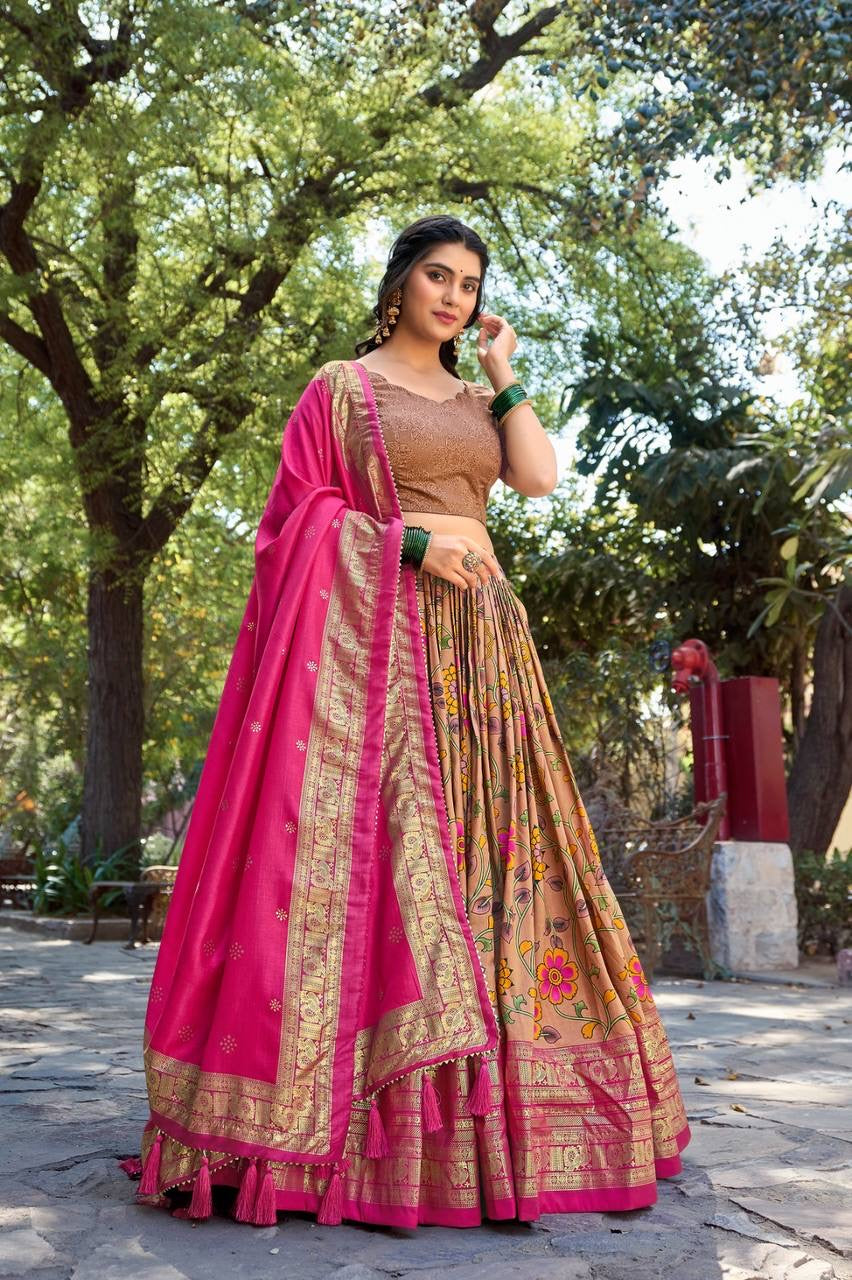 Tussar silk floral kalamkari print Lehenga in mustard and pink