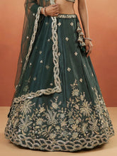 Dark green tissue embroidered lehenga