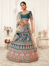 Blue silk with coral and pink floral Lehenga
