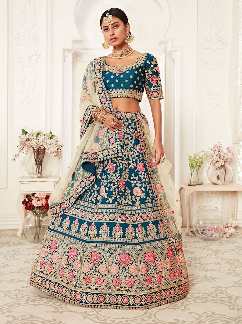 Blue silk with coral and pink floral Lehenga