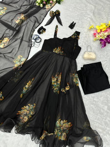 Black organza floral one shoulder style anarkali