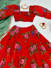 Red floral organza silk with green dupatta - readymade Lehenga