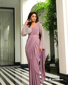 Dusty pink pre draped saree