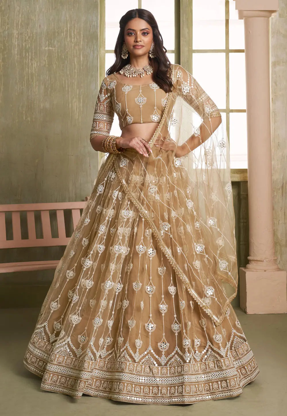 Chiku gold mirror work Lehenga