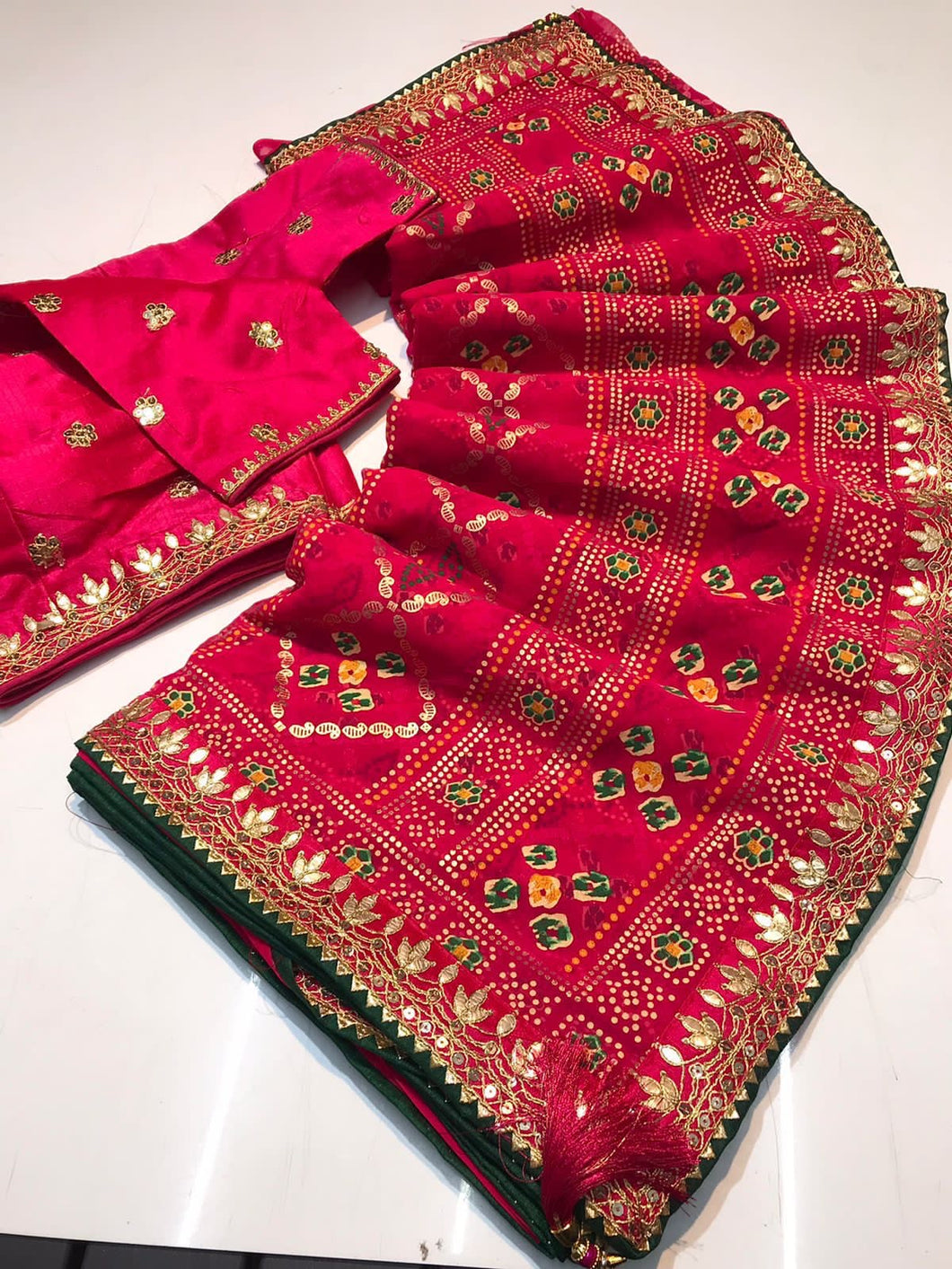 Georgette bandhani saree with gota patti border with 2 blouses - lots of colours