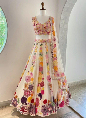White floral thread embroidered Lehenga