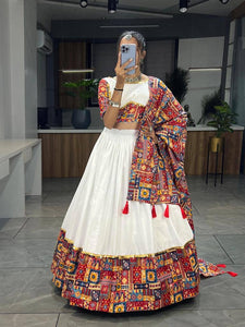 White and red foil work cotton chaniya choli - readymade