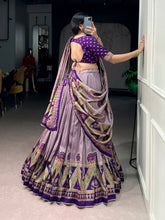 Tussar silk printed and iconic lehenga in purple (skirt stitched)
