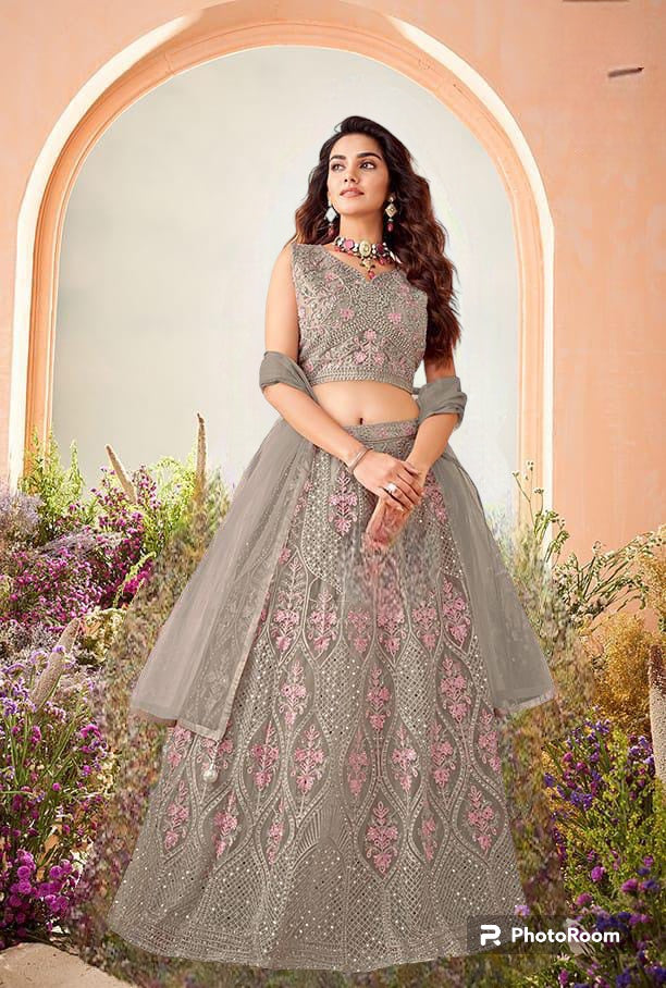 Boutique collection - natural and pink mirror embroidered Lehenga