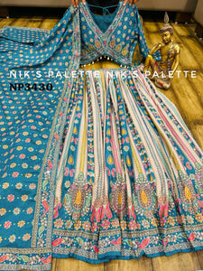Niks collection - teal blue crepe silk printed lehenga