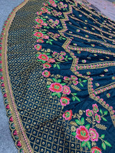 Dusty dark green satin Lehenga with a pop of florals