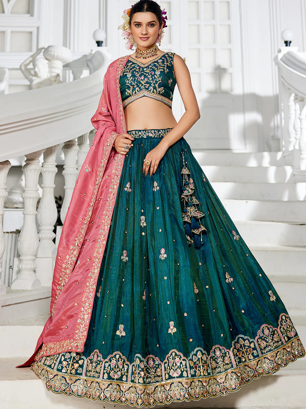 Emerald Green Lehenga with contrasting dupatta