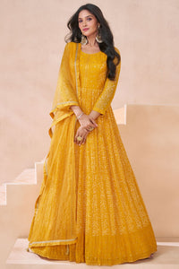 Janisha - yellow printed georgette anarkali suit readymade