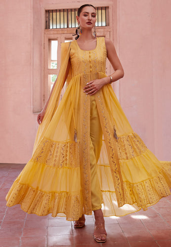 Yellow georgette centre slit anarkali with pants