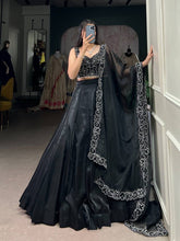Black satin pearl coding lehenga (skirt stitched)