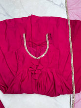 Roman chanderi silk anarkali set in Rani pink (sleeves available)