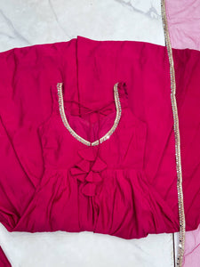Roman chanderi silk anarkali set in Rani pink (sleeves available)
