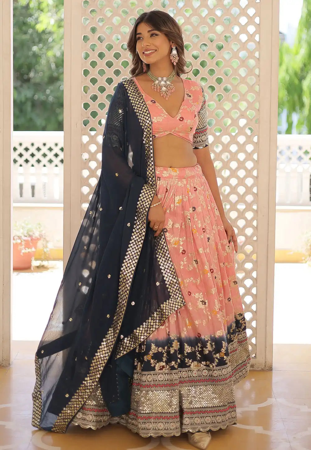 Viscose jacquard lehenga with 2D in peach