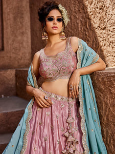 Pink satin silk Lehenga with contrasting dupatta