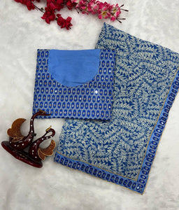 Blue leaf print mirror work saree