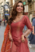 Red toned jacquard silk anarkali