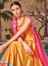Yellow pink embroidery and printed Dola silk gown