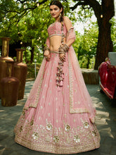 Pink and gold chinnon embroidered Lehenga