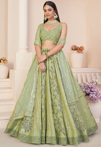 Green georgette floral and sequins Lehenga