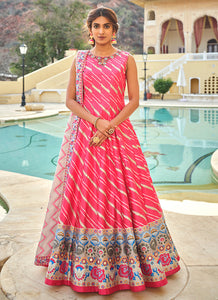 Fuschia pink embroidery and printed Dola silk gown