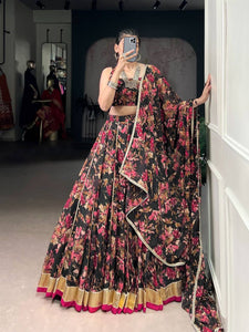 Chiffon florals readymade Lehenga in black