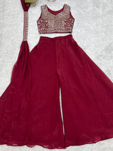 Maroon crunchy silk crop top palazzo set