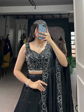 Black satin pearl coding lehenga (skirt stitched)