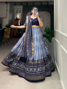 Tussar silk light shades Lehenga - navy blue (skirt stitched)