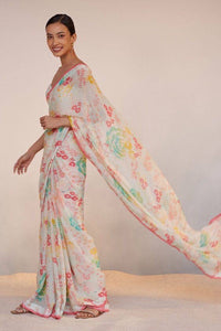 Crochet sequins off white saree with florals