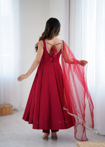 Roman chanderi silk anarkali set in maroon (sleeves available)