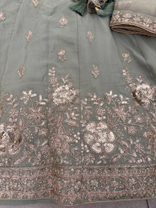 Pista green and gold chinnon embroidered Lehenga