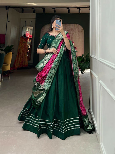 Pure cotton lehenga with gaji silk dupatta in green