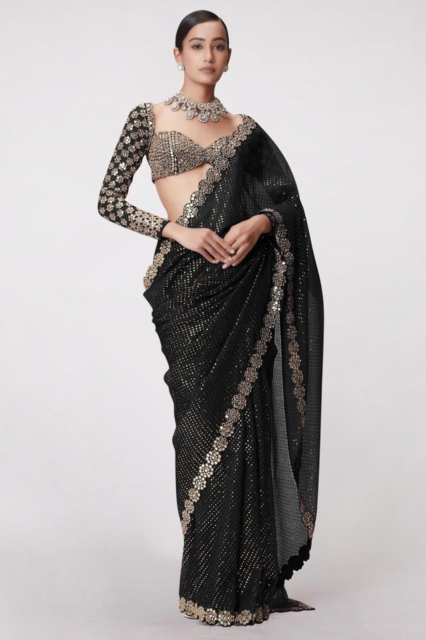 Black mirror work partywear Bollywood saree