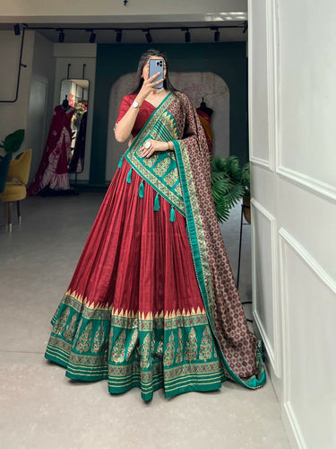 Tussar silk maroon and green lehenga (skirt stitched)