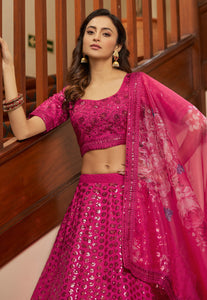 Pink art silk Lehenga with organza dupatta