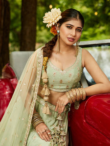 Pista green and gold chinnon embroidered Lehenga