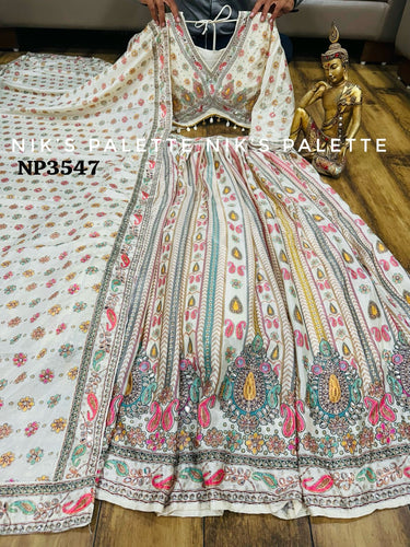 Niks collection - Ivory crepe silk printed lehenga