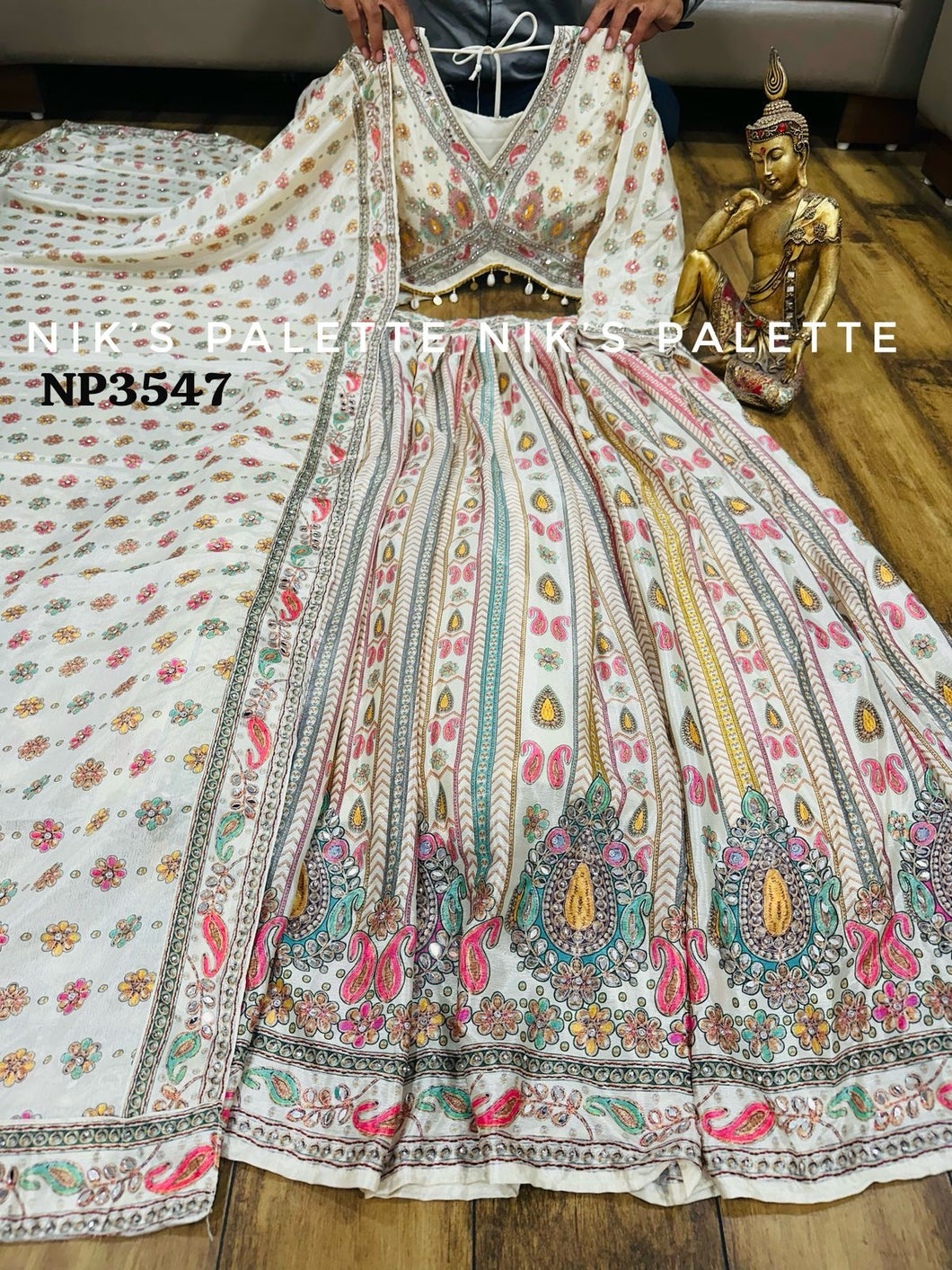 Niks collection - Ivory crepe silk printed lehenga