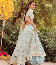 Sky blue and gold motifs Lehenga