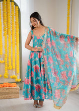 Blue floral print kali cut anarkali suit