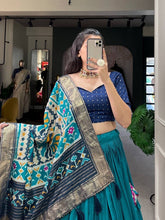 Tussar silk lehengas with patola print (skirt stitched) - navy and light blue