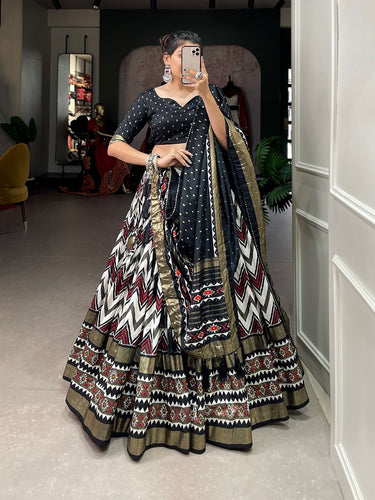 Tussar silk lehengas chevron leheriya style (skirt stitched) - black