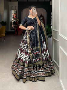 Tussar silk lehengas chevron leheriya style (skirt stitched) - black
